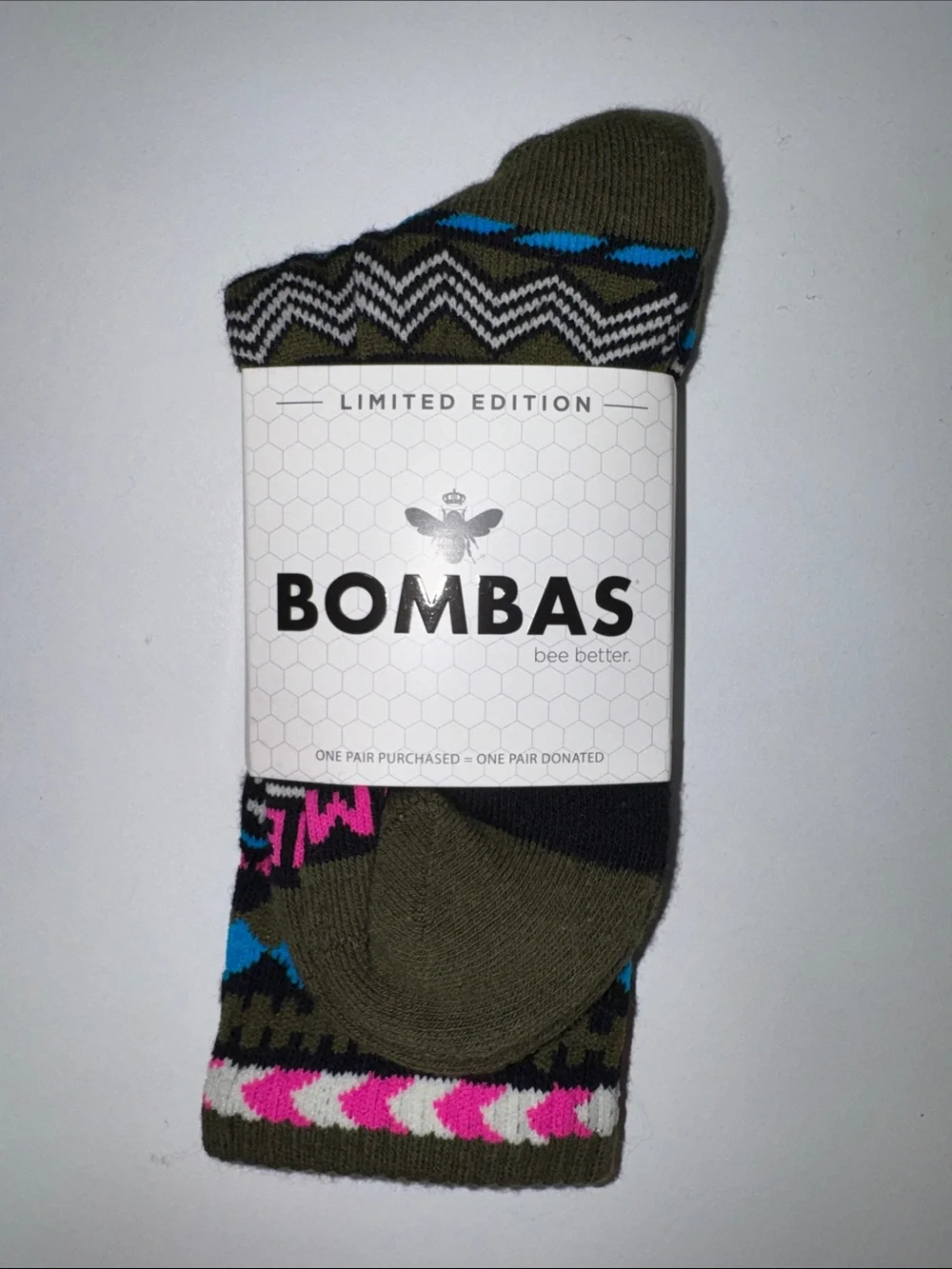 Bombas Olive Crew Socks with Black, Blue & Pink Accents